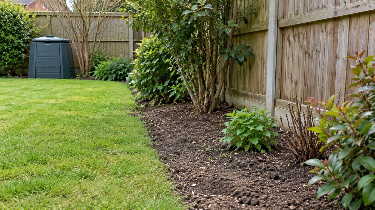 A tidy garden fence borders short grass and bare soil, with a closed compost bin in the background.