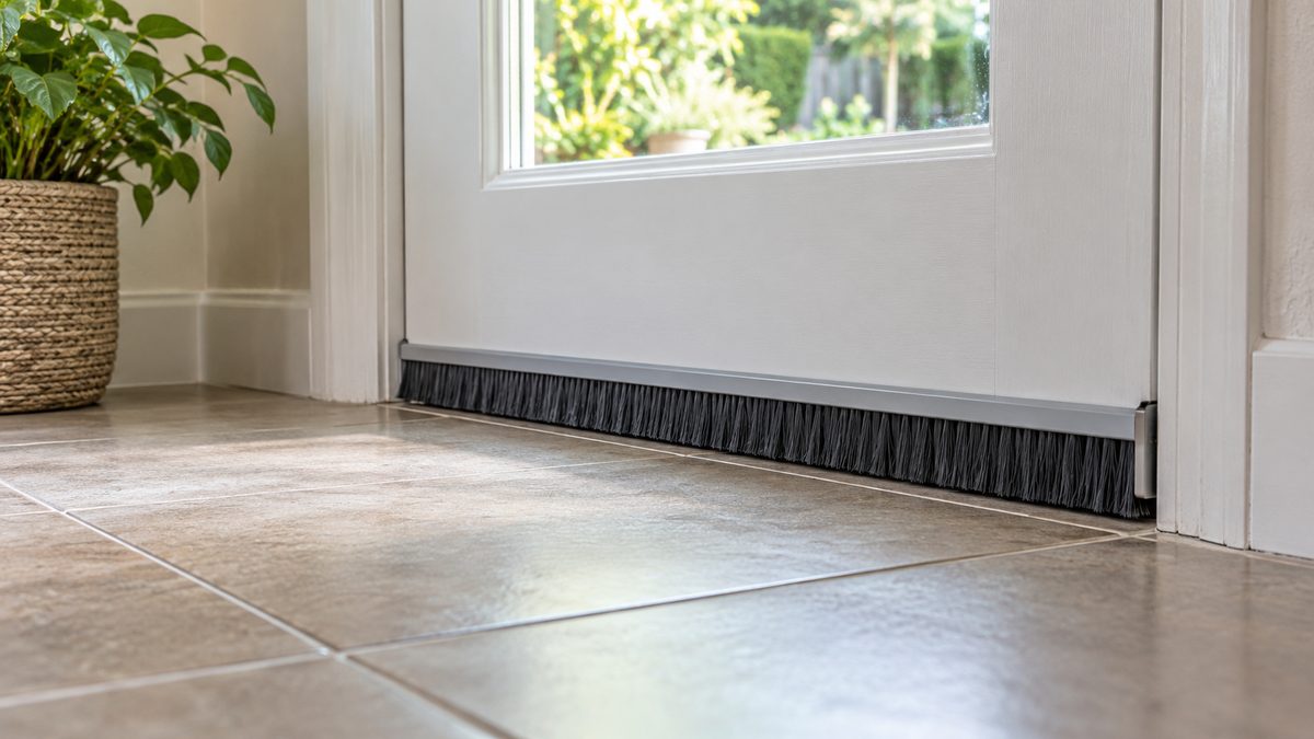 A brush draught seal runs along the bottom of a kitchen back door above a clean tiled floor.