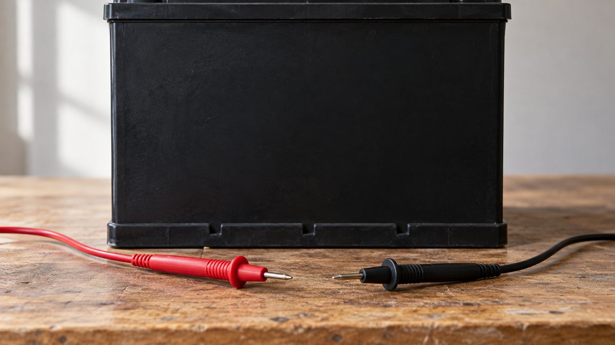 Red and black test probes lie beside an unlabelled car battery on a bare workbench in daylight.