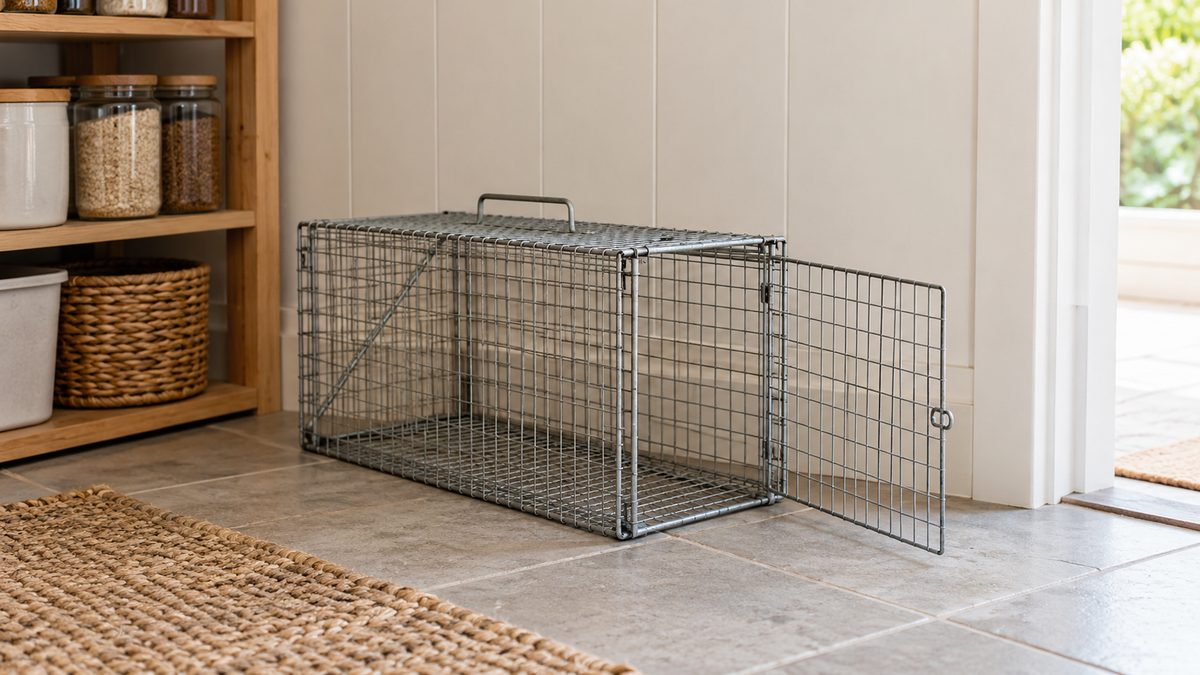An empty wire capture cage with its door fully open sits beside a plain pantry wall in daylight.