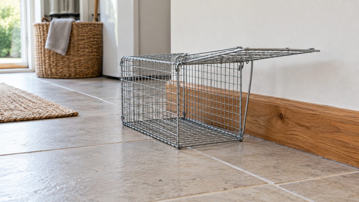 An empty wire capture cage with its door open rests beside a wooden skirting board in a utility room.