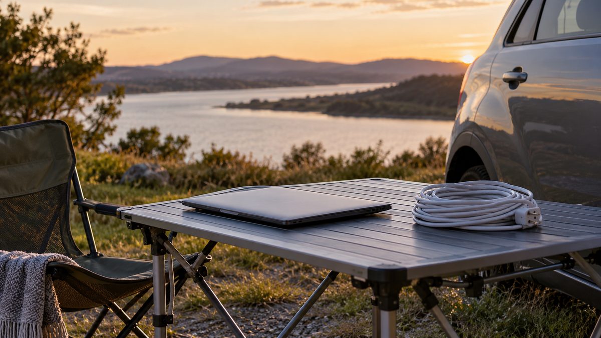 A closed laptop and coiled cable rest on a camping table beside the side of a parked car at dusk.