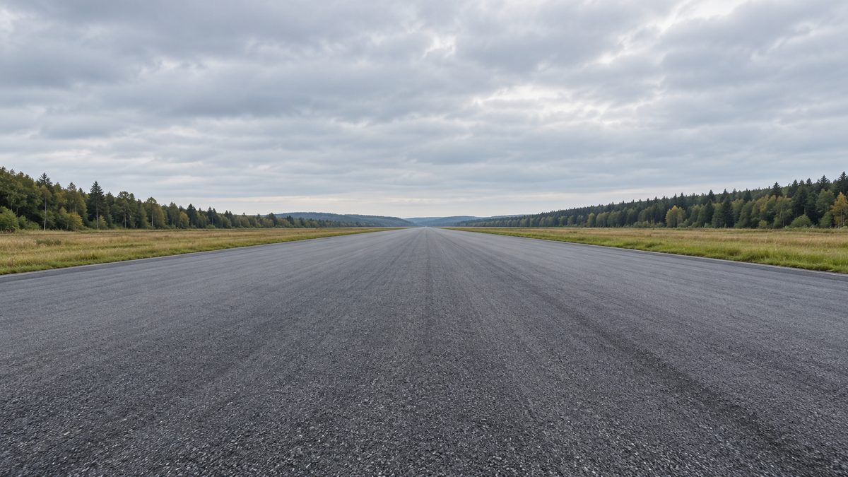 A broad, empty proving-ground straight extends toward low woodland beneath a muted overcast sky.