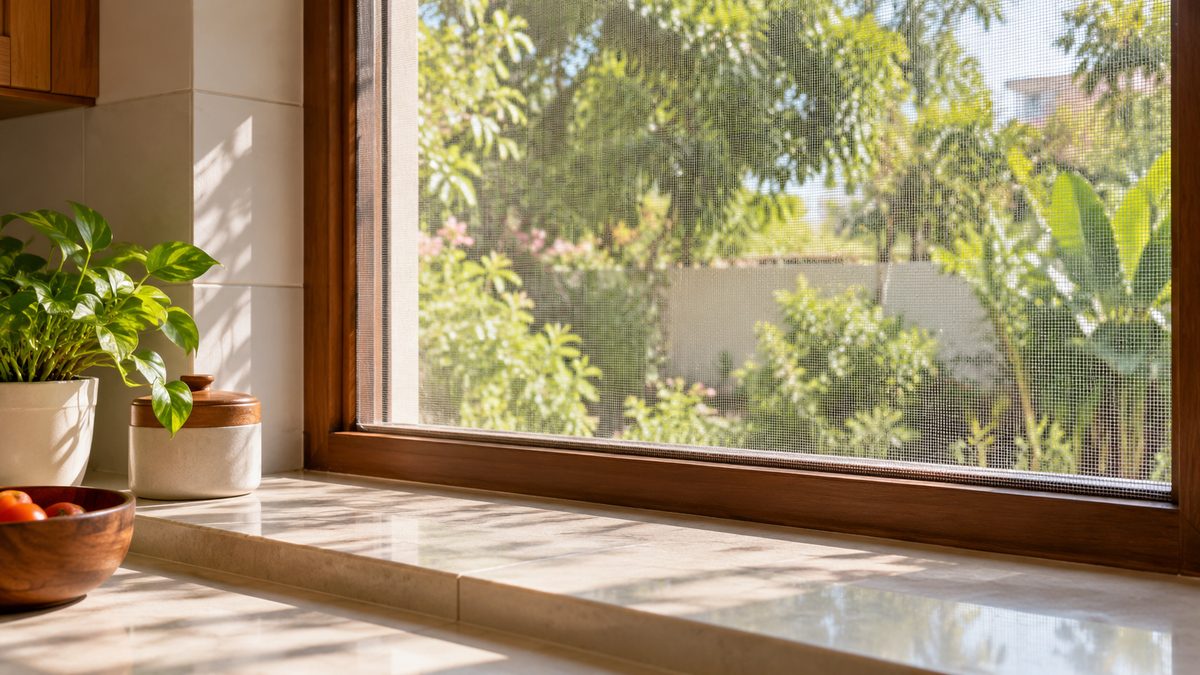 Fine mesh covers a wooden kitchen window above a clean tiled sill, with garden greenery outside.