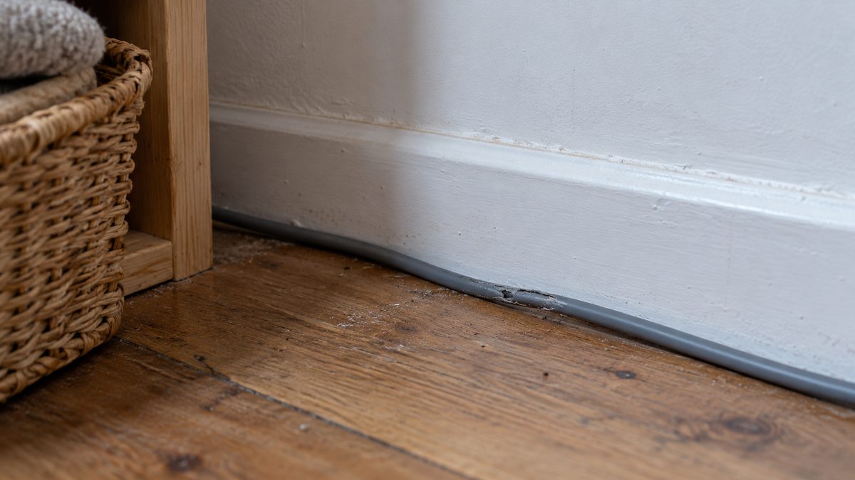 A scuffed grey cable runs along a white skirting board beside a wooden shelf and wicker basket.