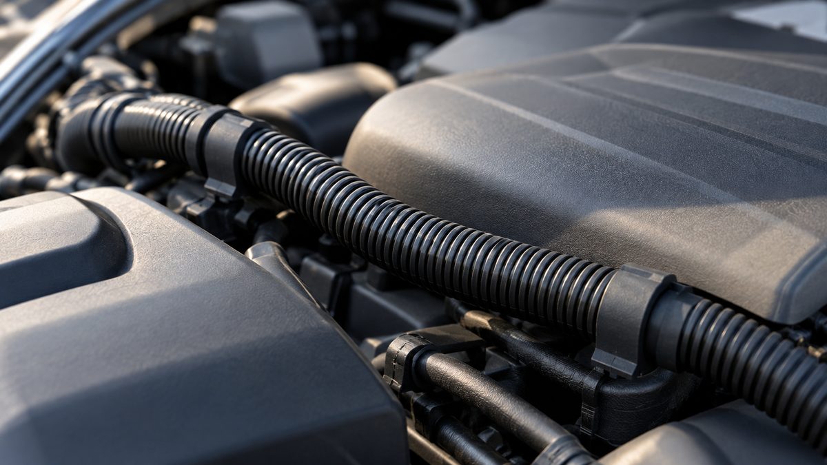 Black ribbed wire conduit runs through a clean engine compartment in soft natural daylight.