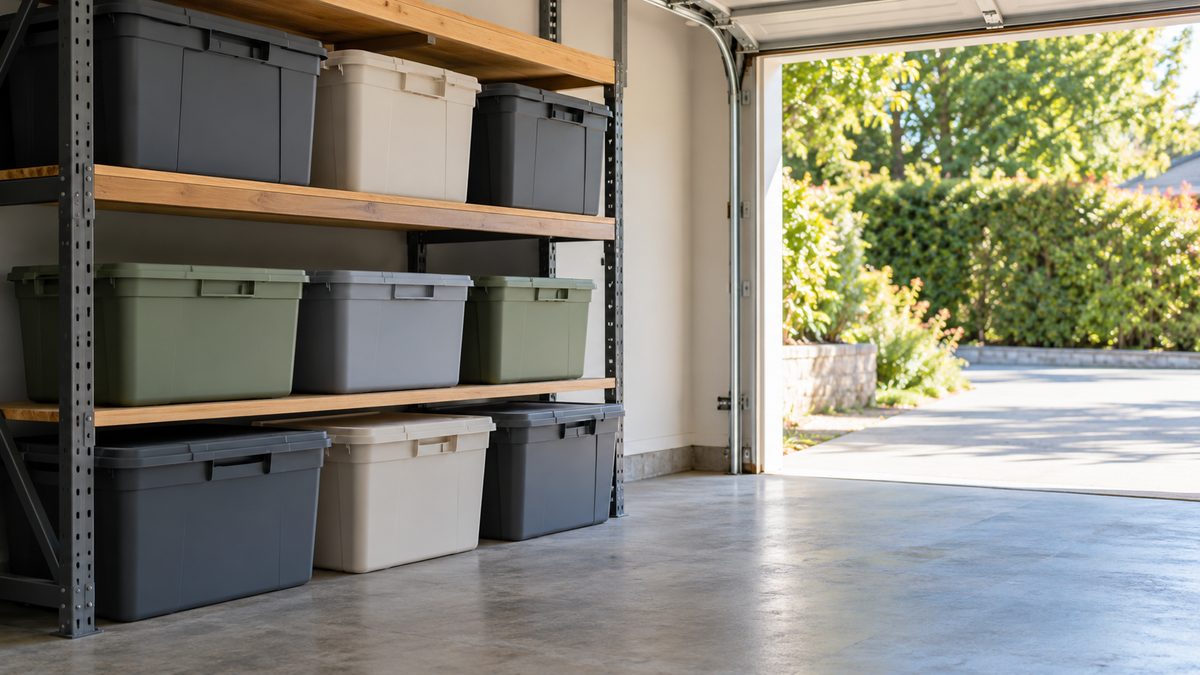Plain lidded storage tubs line a garage shelf above a clear concrete floor lit by the open door.
