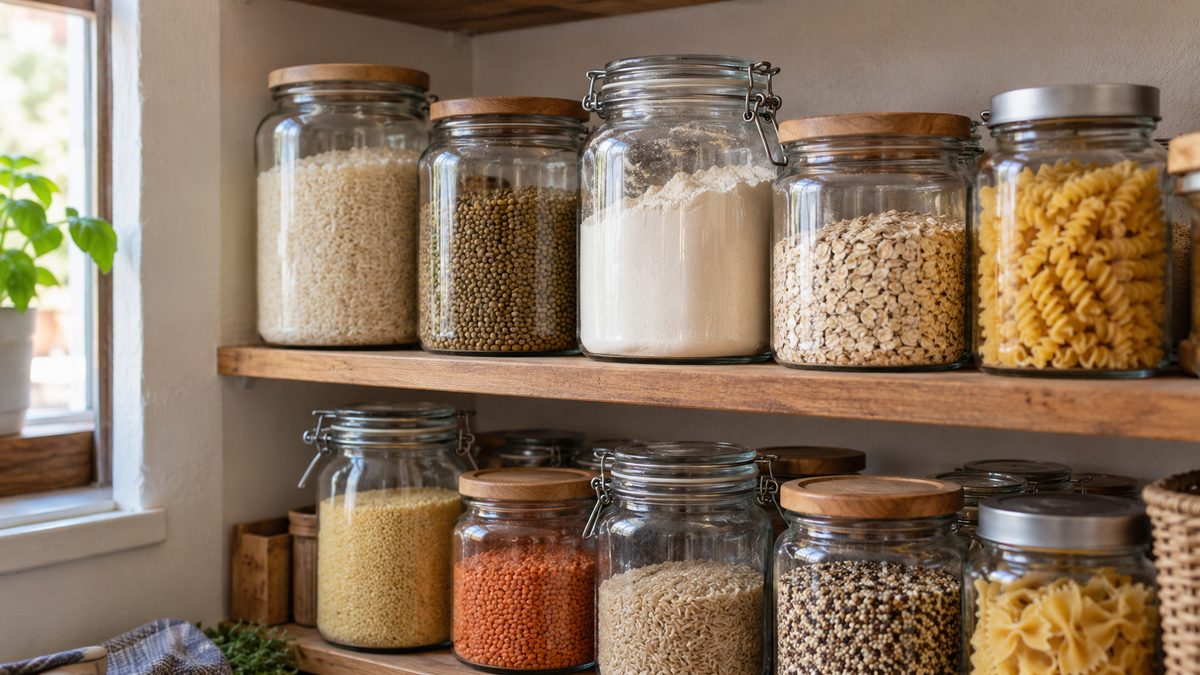Sealed glass jars of rice, lentils, flour, oats and pasta sit on wooden pantry shelves beside a window.