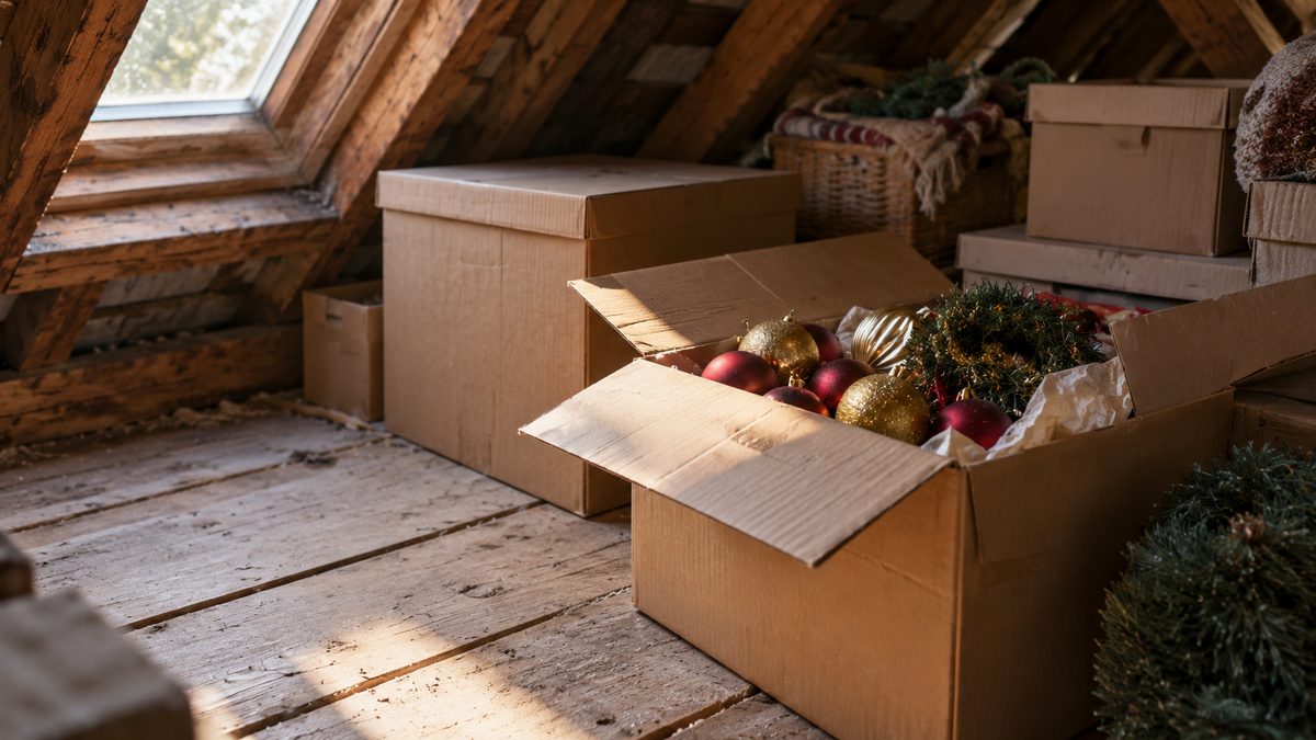 Open boxes of holiday baubles and garlands stored beneath wooden rafters in a sunlit loft.
