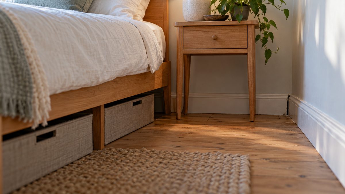 A wooden bed and bedside table stand beside a small skirting gap, with storage boxes underneath.