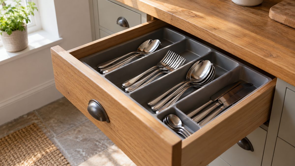 Open wooden kitchen drawer with stainless steel cutlery in a grey organiser beside a sunlit window