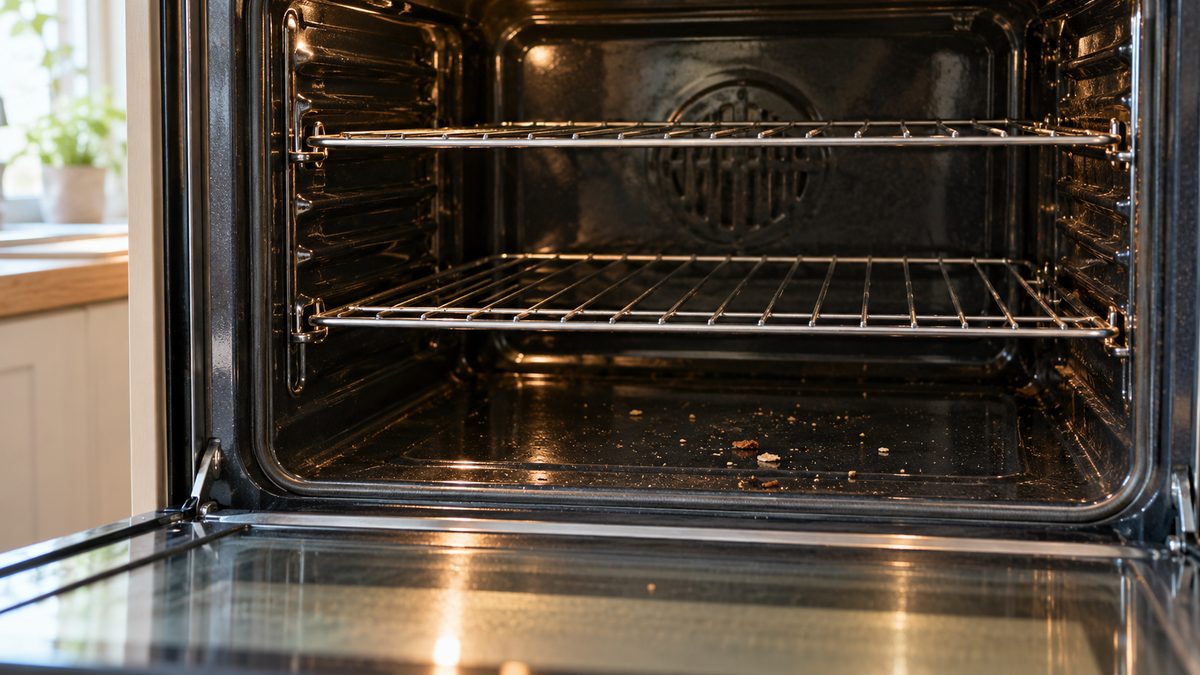 An open oven with metal racks and a few crumbs on its black enamel base, lit by kitchen daylight.