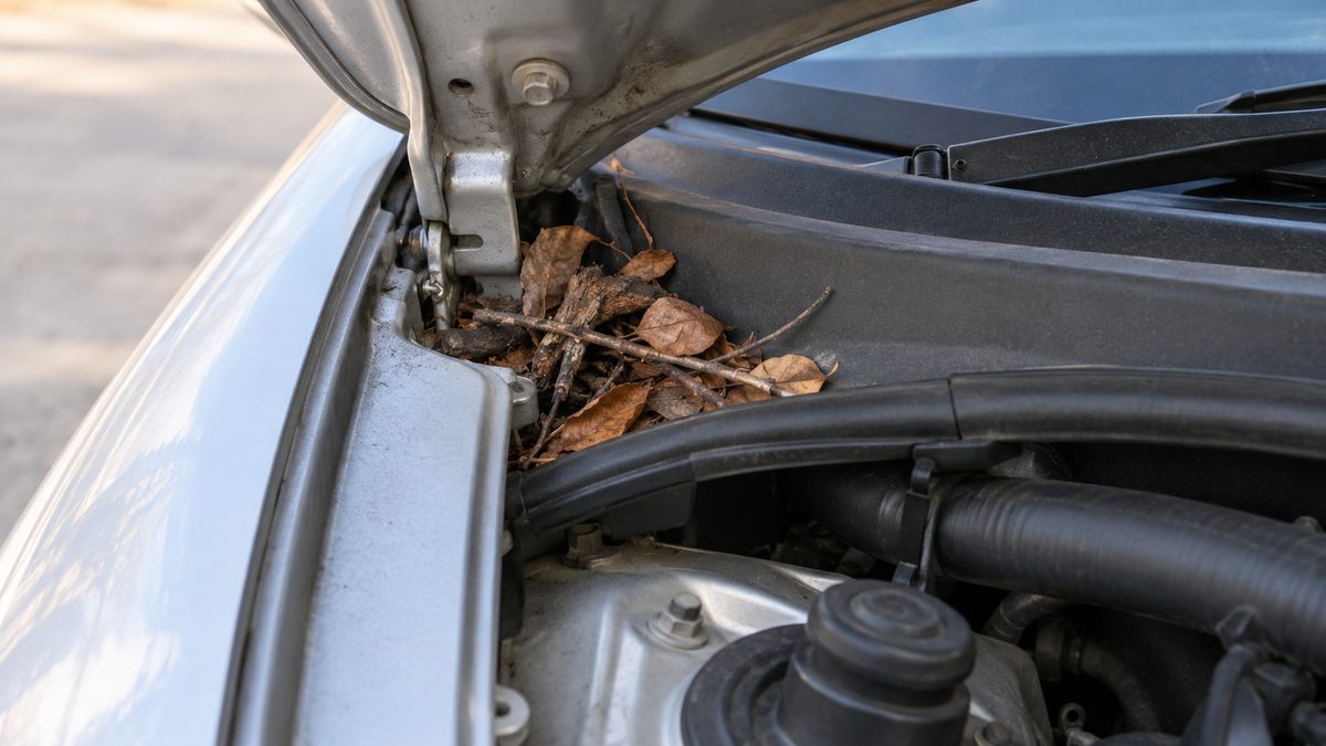 Dry twigs and leaves rest in a corner beneath a car bonnet beside plain metalwork and a black hose.