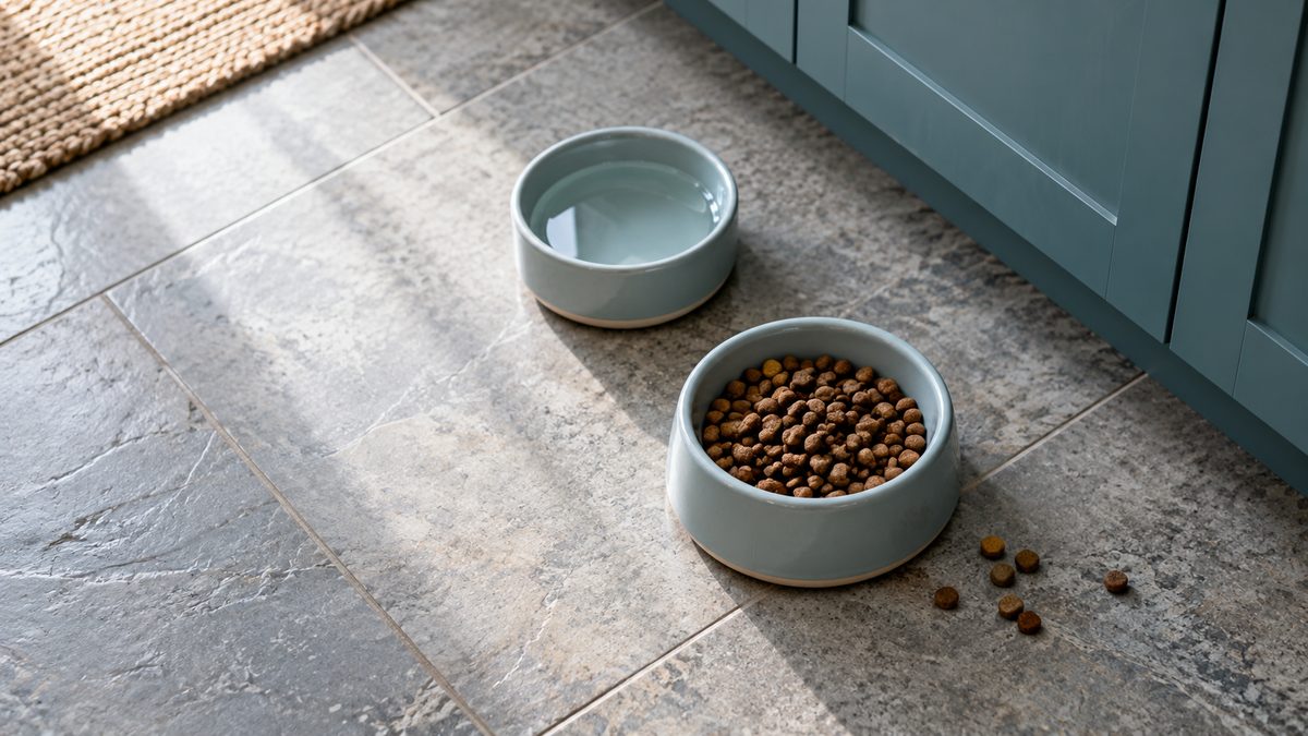 Pet food and water bowls on a grey kitchen floor, with a few pieces of dry kibble spilled nearby.