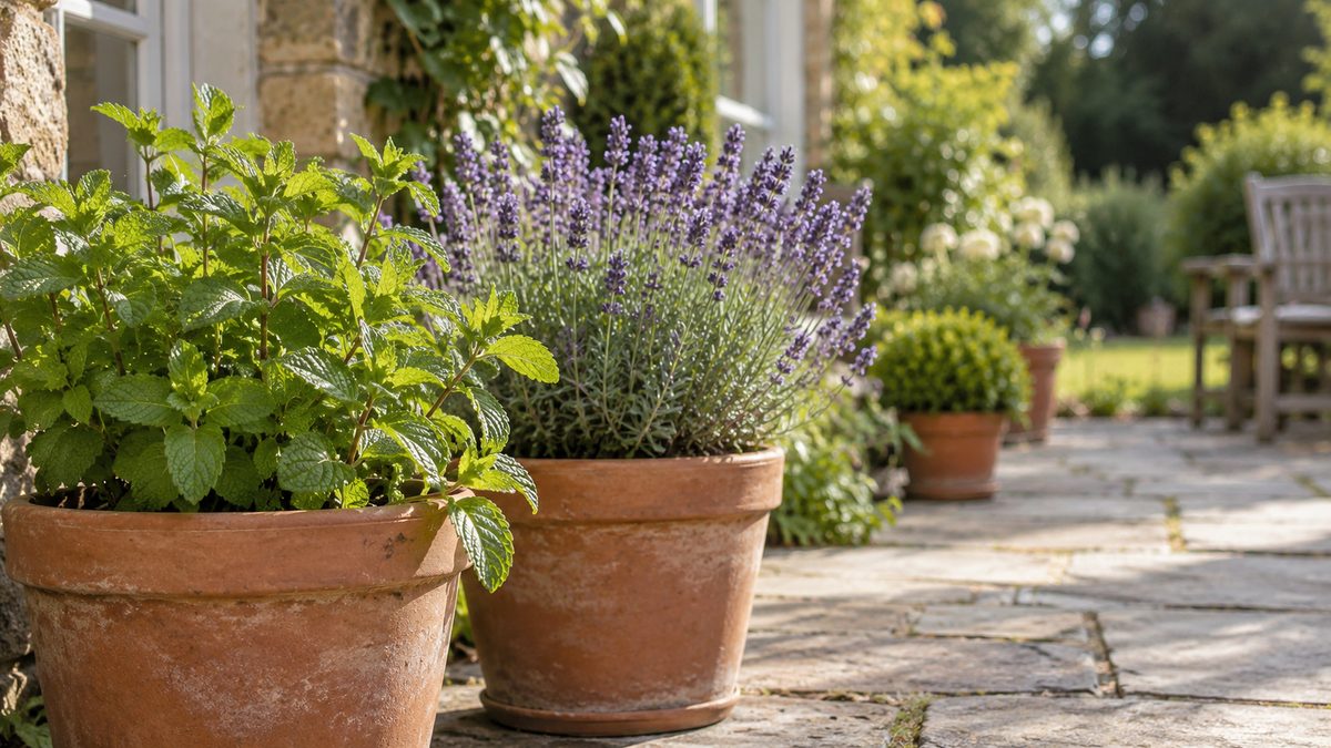 Mint and lavender grow in plain terracotta pots on a quiet patio in soft daylight.