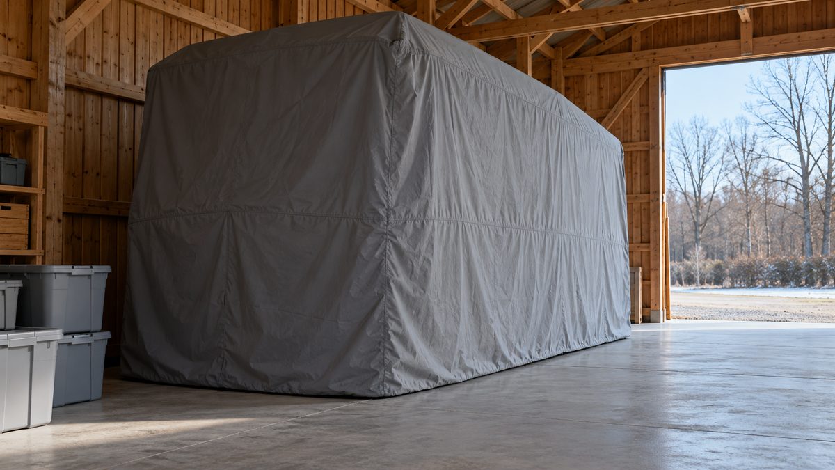 A tall vehicle under a plain grey cover stands beside sealed storage tubs inside a winter-lit barn.