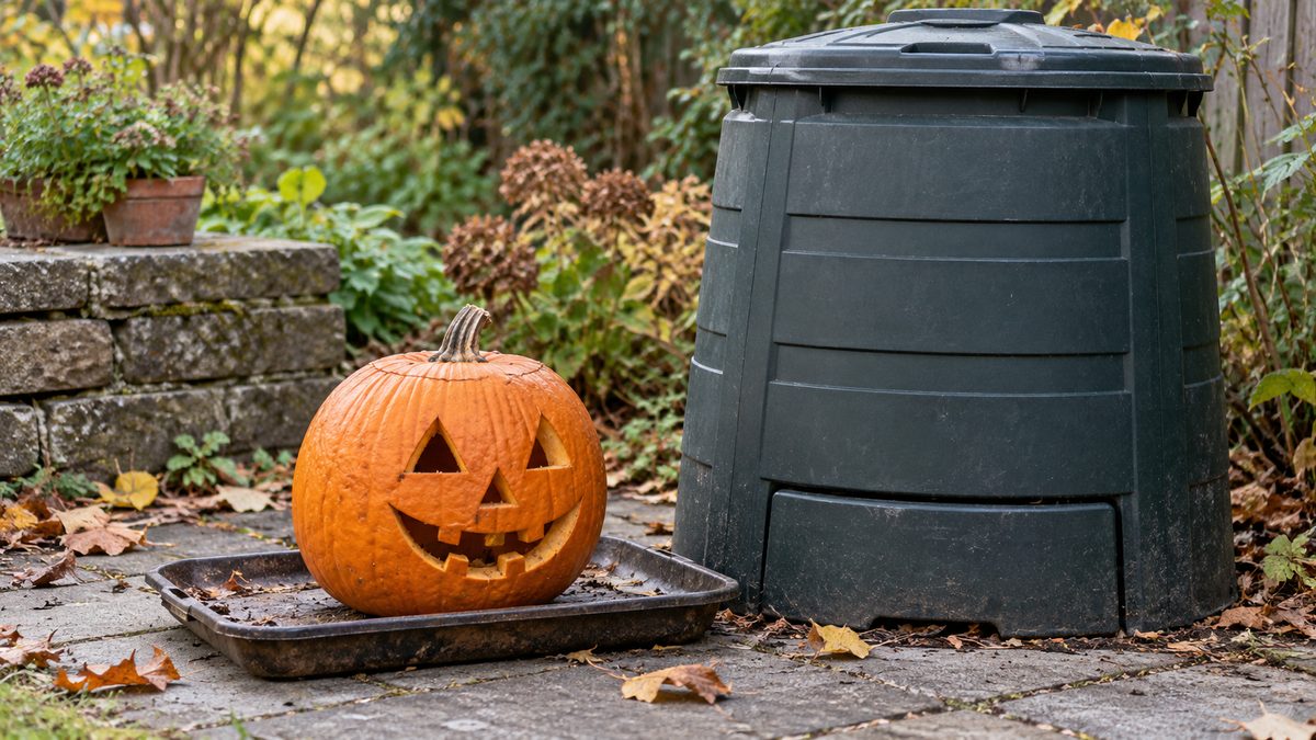 Carved orange pumpkin on a shallow tray beside a closed compost bin on an autumn garden patio.