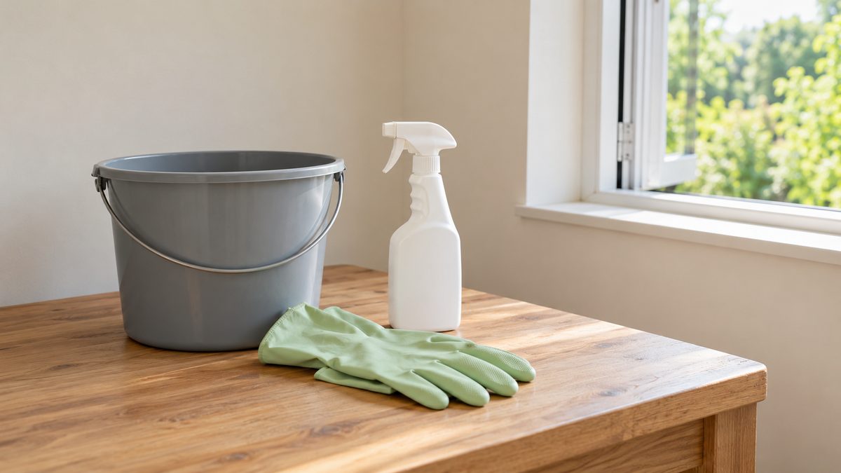 Pale green gloves and a plain spray bottle stand beside a bucket in a utility room with an open window.