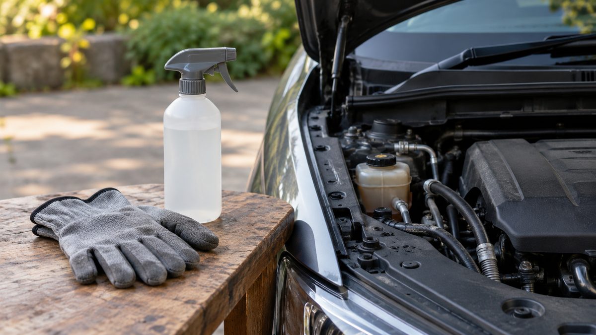 Plain work gloves and an unlabelled spray bottle rest on a bench beside the edge of an open bonnet.