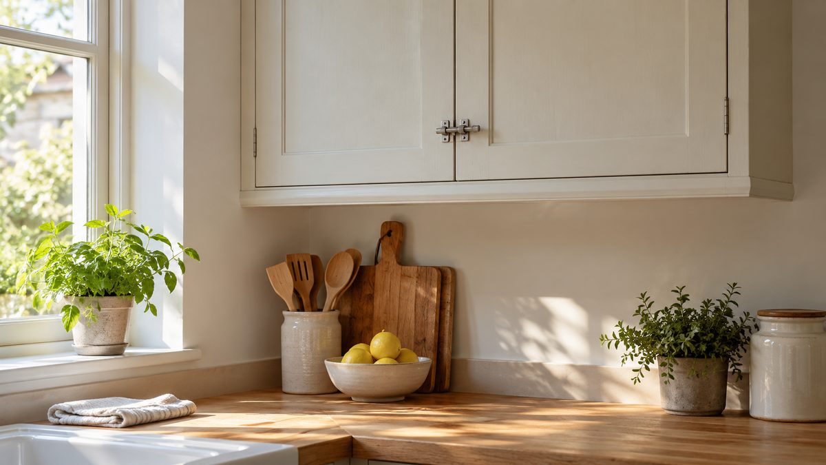 A plain latched cupboard hangs above a clear kitchen corner in soft natural window light.