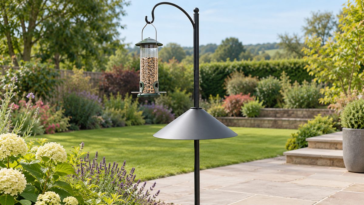 A hanging garden feeder sits above a broad metal baffle on a smooth pole beside a clean paved area.