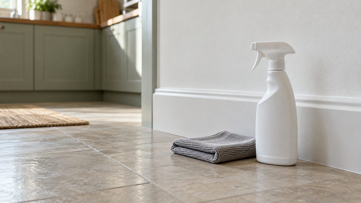 A plain white spray bottle and folded cloth sit beside a kitchen skirting board in soft daylight.