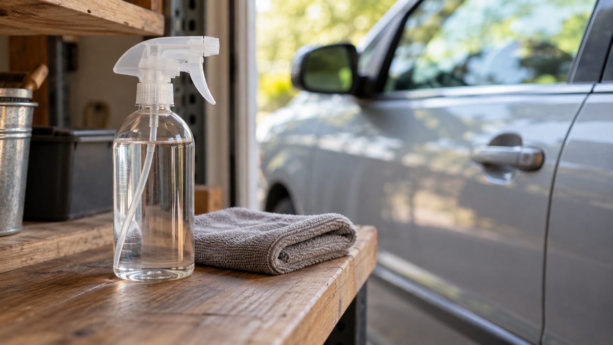 An unlabelled spray bottle and folded cloth sit on a garage shelf beside a softly blurred car door.