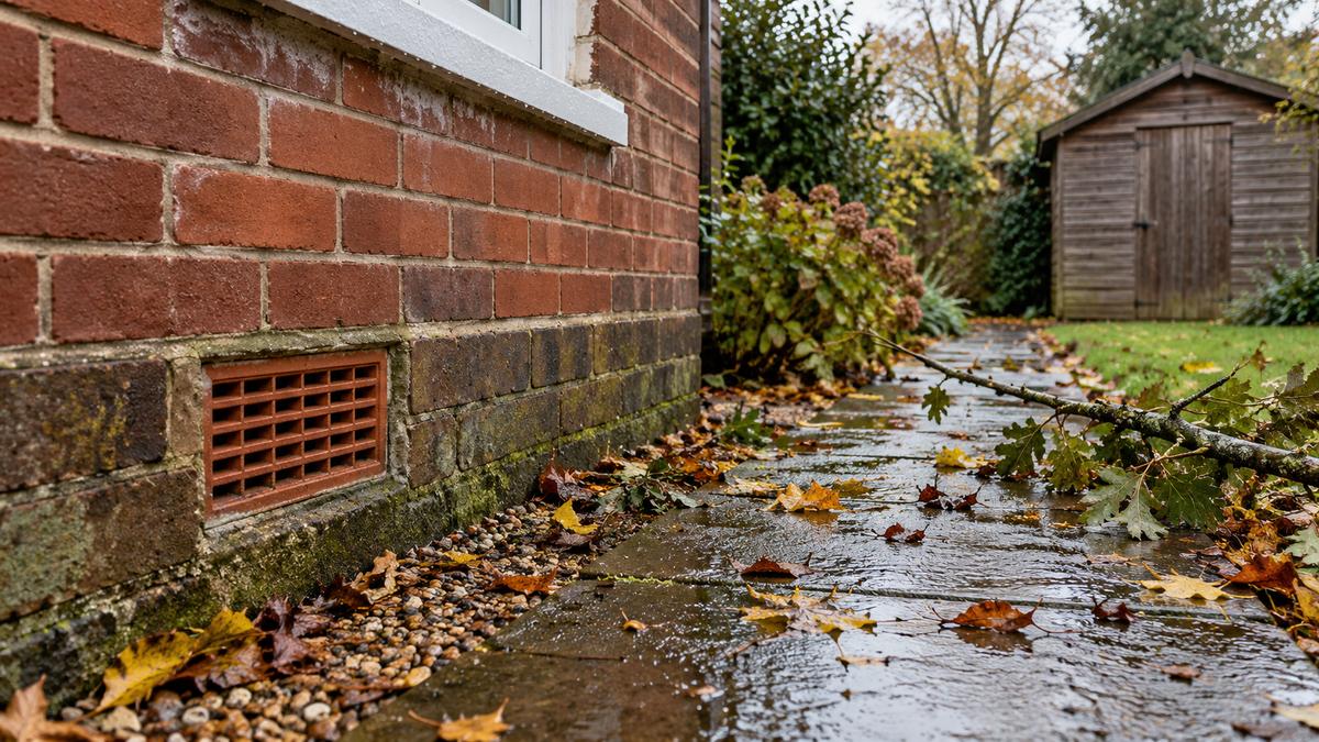 Wet garden path with fallen leaves and a branch beside a brick air vent, with a wooden shed beyond.