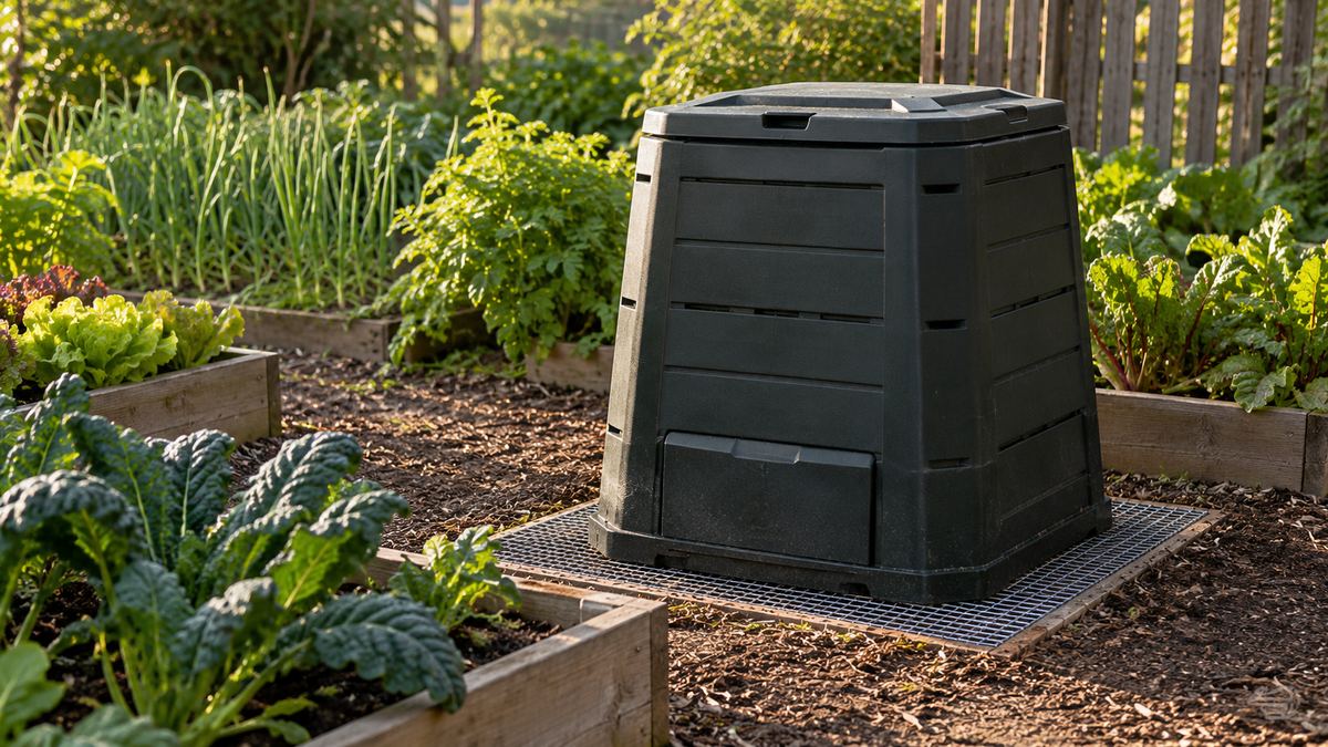 A closed compost bin stands on a fine wire-mesh base beside a small vegetable bed in morning light.