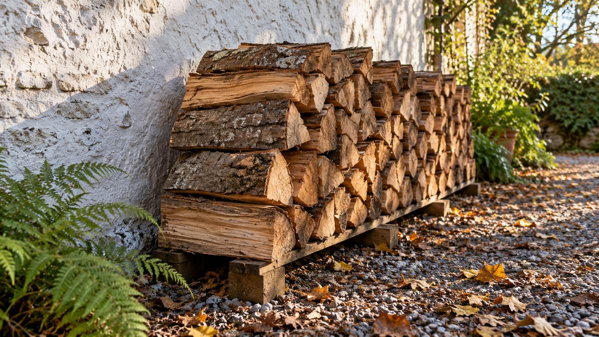 Split firewood raised on timber supports beside a weathered garden wall and leaf-strewn gravel.