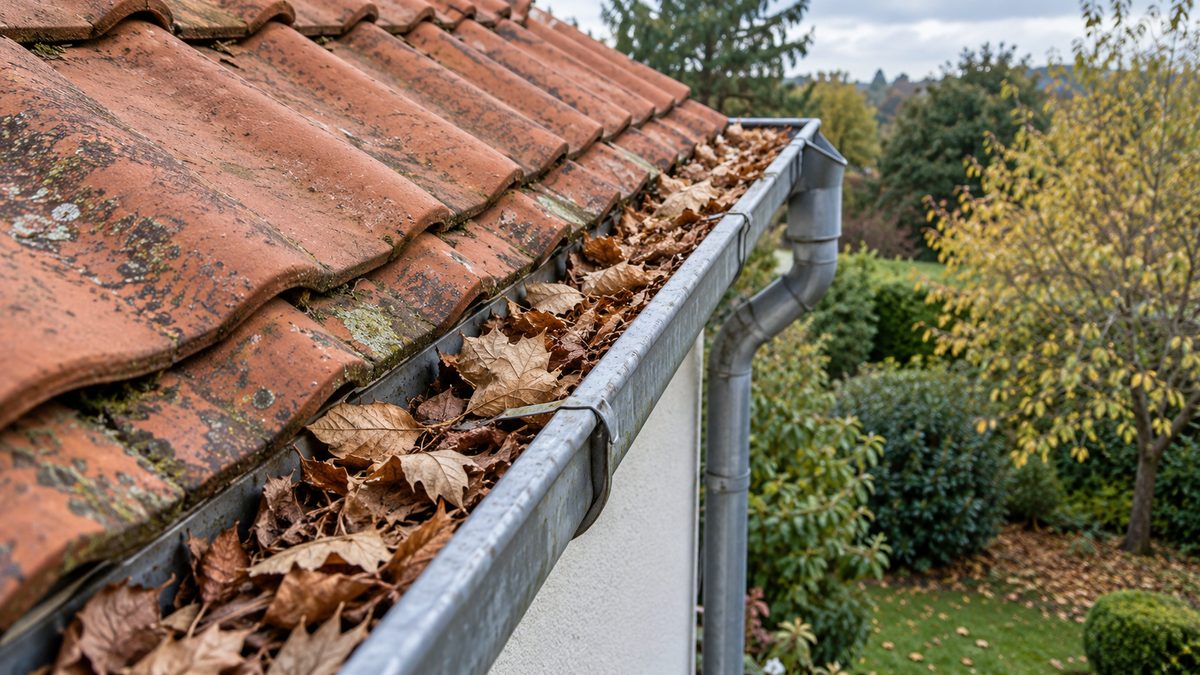 Dry autumn leaves fill a metal rain gutter along a terracotta tiled roof above a leafy garden.