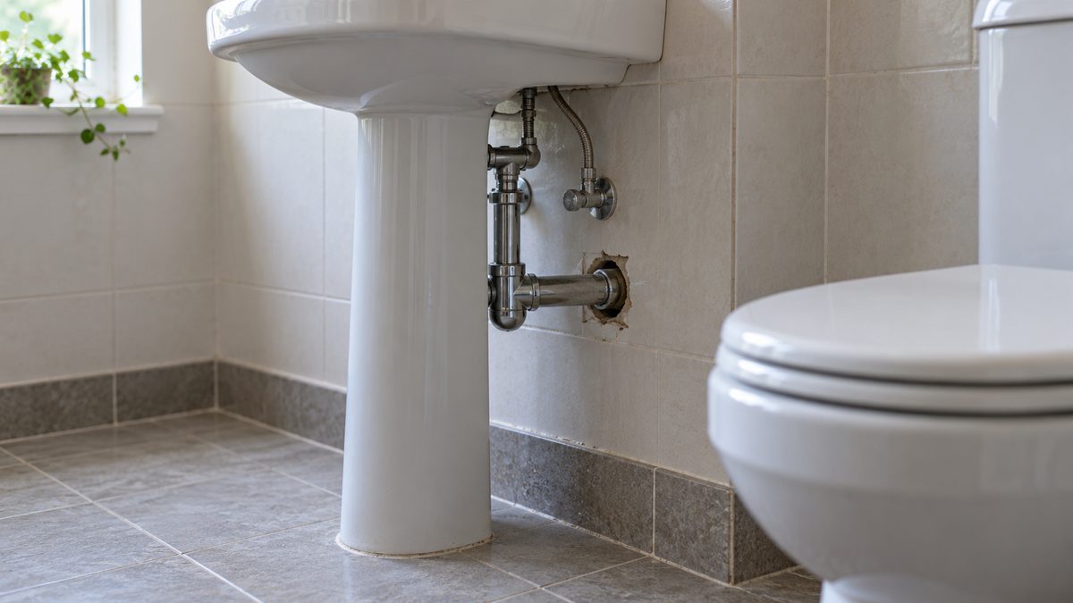 Exposed basin plumbing enters a tiled bathroom wall through an unfinished gap beside a closed toilet.