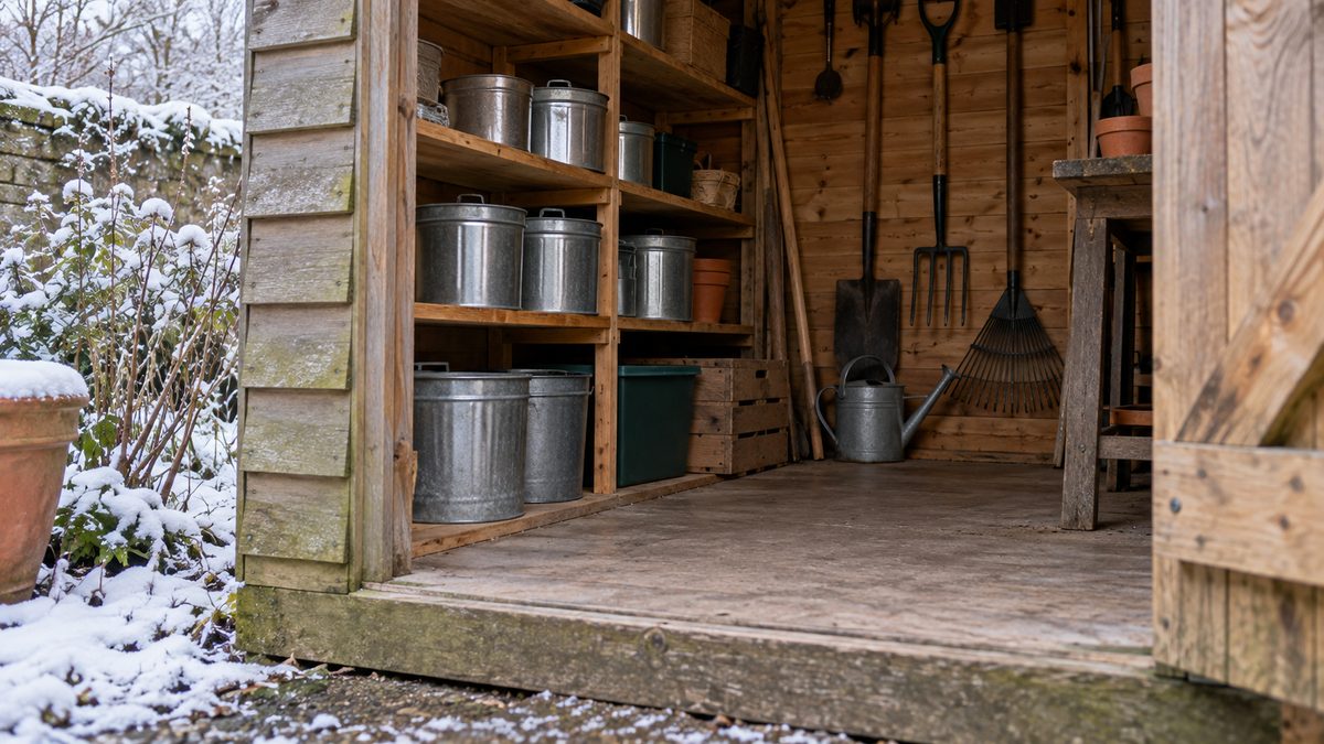 Open wooden garden shed with lidded metal containers, hanging tools and snow outside the doorway