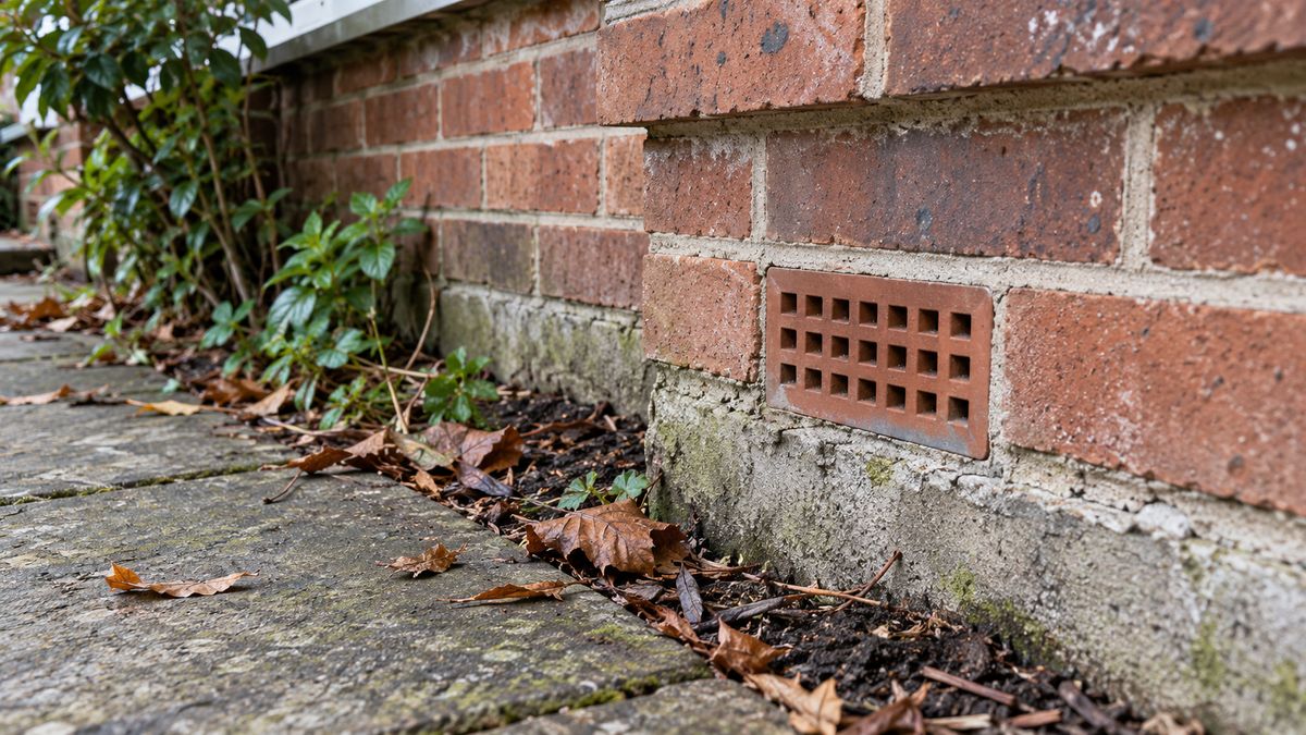 A terracotta air brick sits low in a weathered house wall beside paving and fallen leaves.