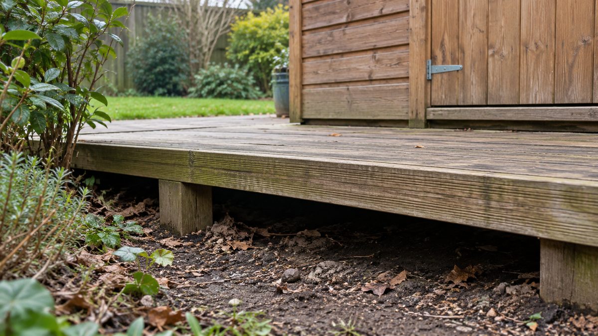 A shaded gap beneath timber decking sits beside a garden shed, with soil and leaves along the edge.