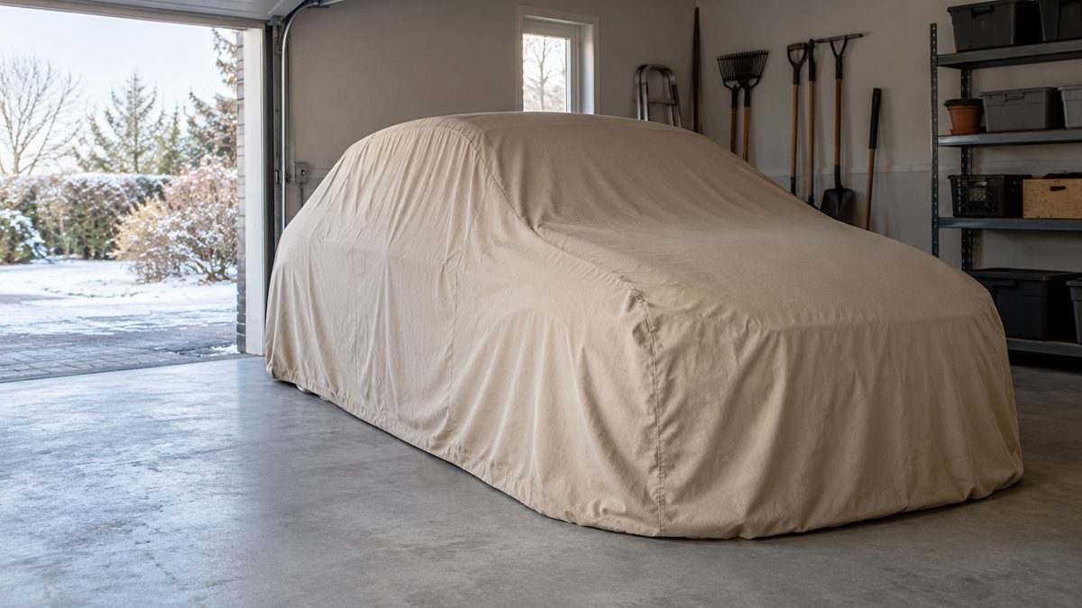 A car under a plain beige cover stands inside a tidy garage lit by cool winter daylight.