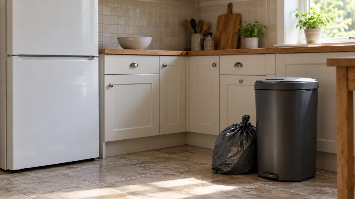 A closed fridge and lidded kitchen bin with a tied rubbish bag on a dry tiled floor.