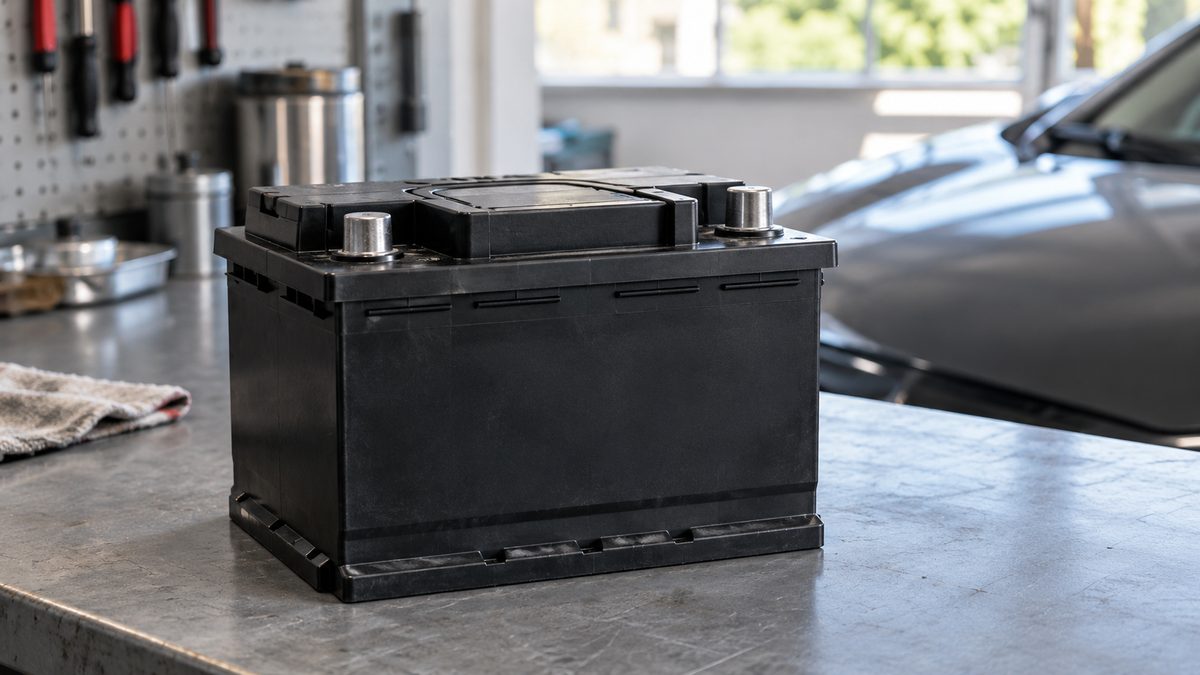 An unlabelled black car battery sits on a grey workshop bench with a blurred bonnet edge behind it.