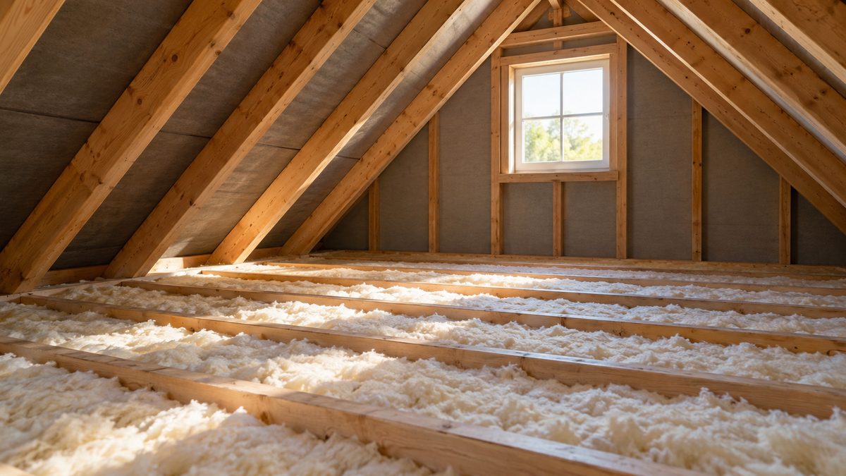 Daylight from a small attic window falls across exposed timber rafters and pale loft insulation.