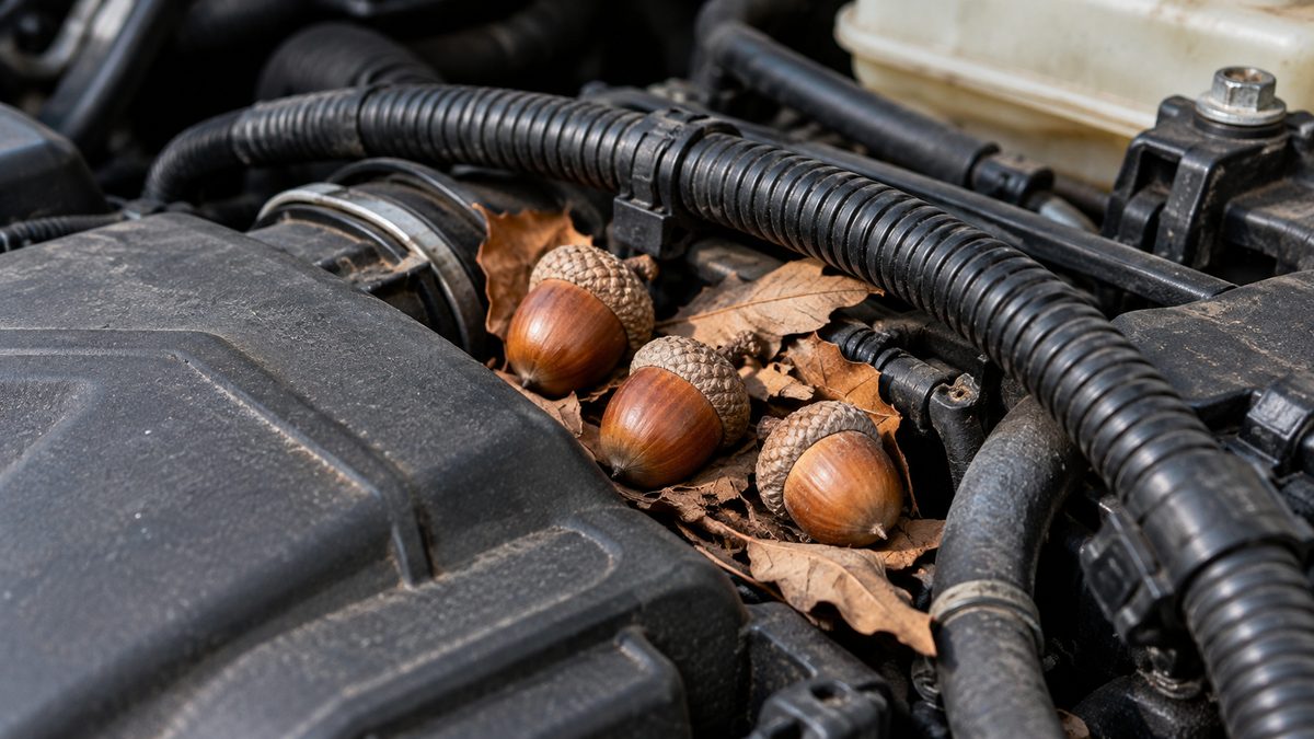 Three acorns and dry leaves rest beside black wire conduit in a quiet corner beneath a car bonnet.