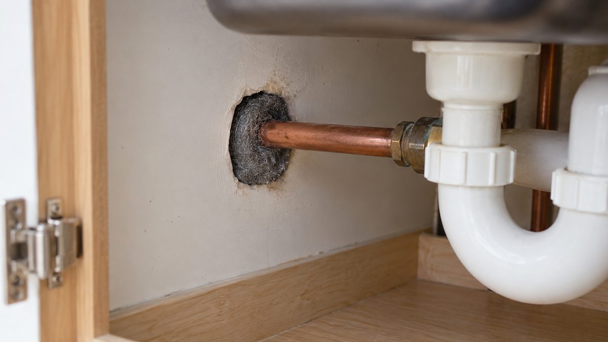 Steel wool fills a small wall opening around a copper water pipe inside an under-sink cupboard.