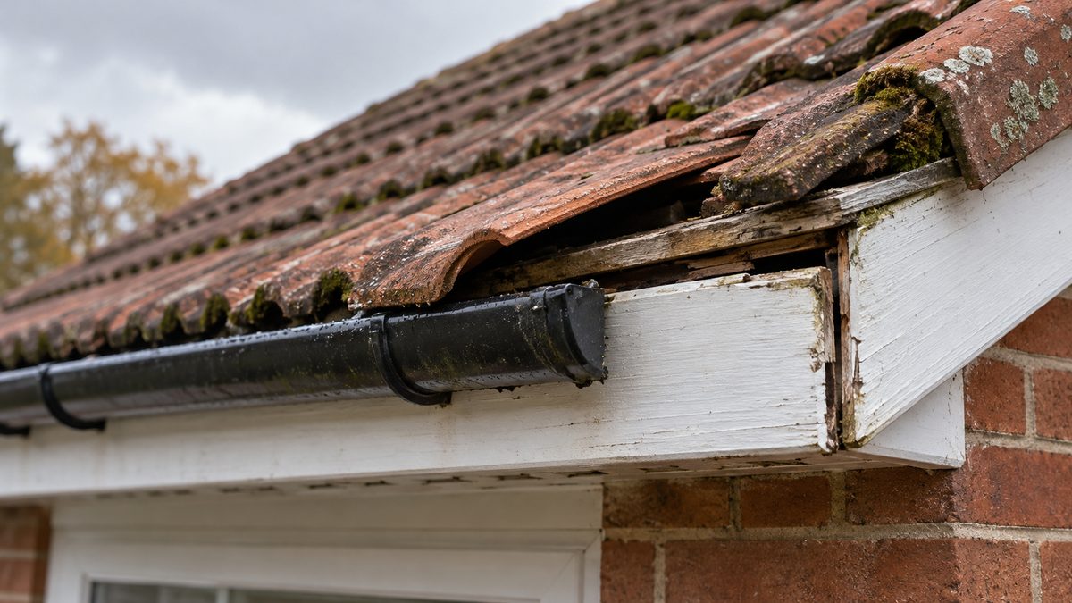 Slipped roof tile and separated white timber fascia beside a black gutter on a brick house.