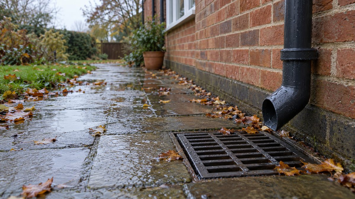 A rain-wet garden path beside a brick house, with a drain grate, downpipe and fallen leaves.