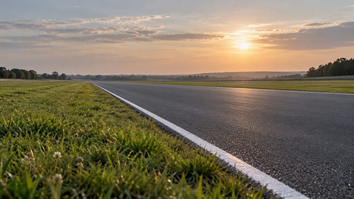 An empty test-track straight runs between plain white edge lines toward a hazy afternoon horizon.