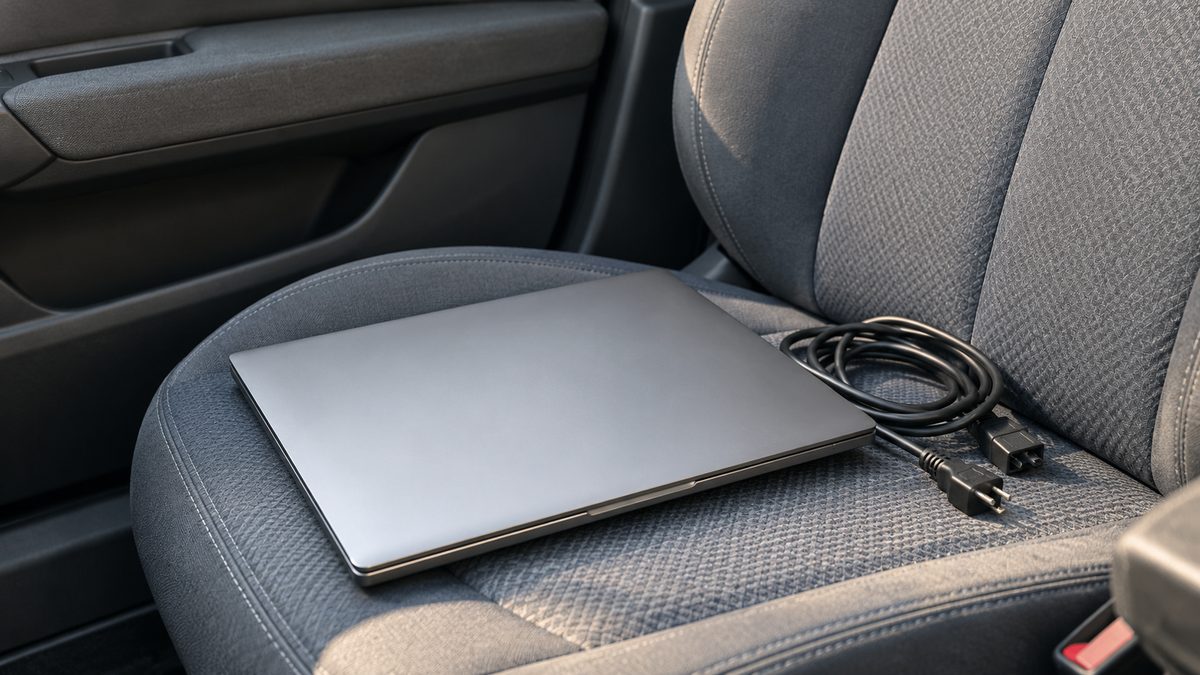 A closed laptop and loosely coiled power cable rest on the grey fabric passenger seat of a parked car.