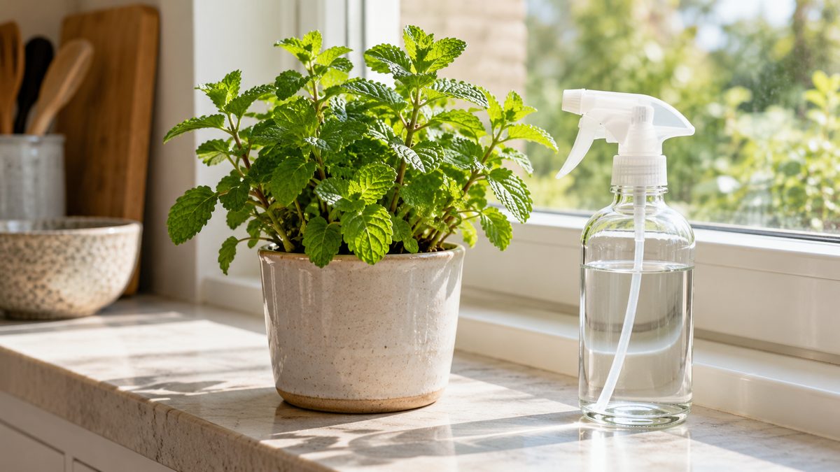 Fresh mint and an unlabelled glass spray bottle sit on a kitchen windowsill in soft morning light.