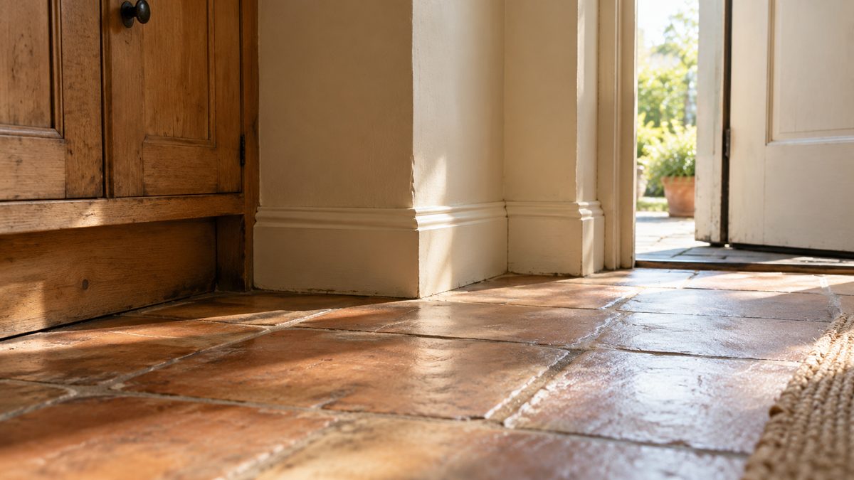 Sunlight crosses a tiled kitchen floor beside wooden cupboards, skirting boards and an open back door.