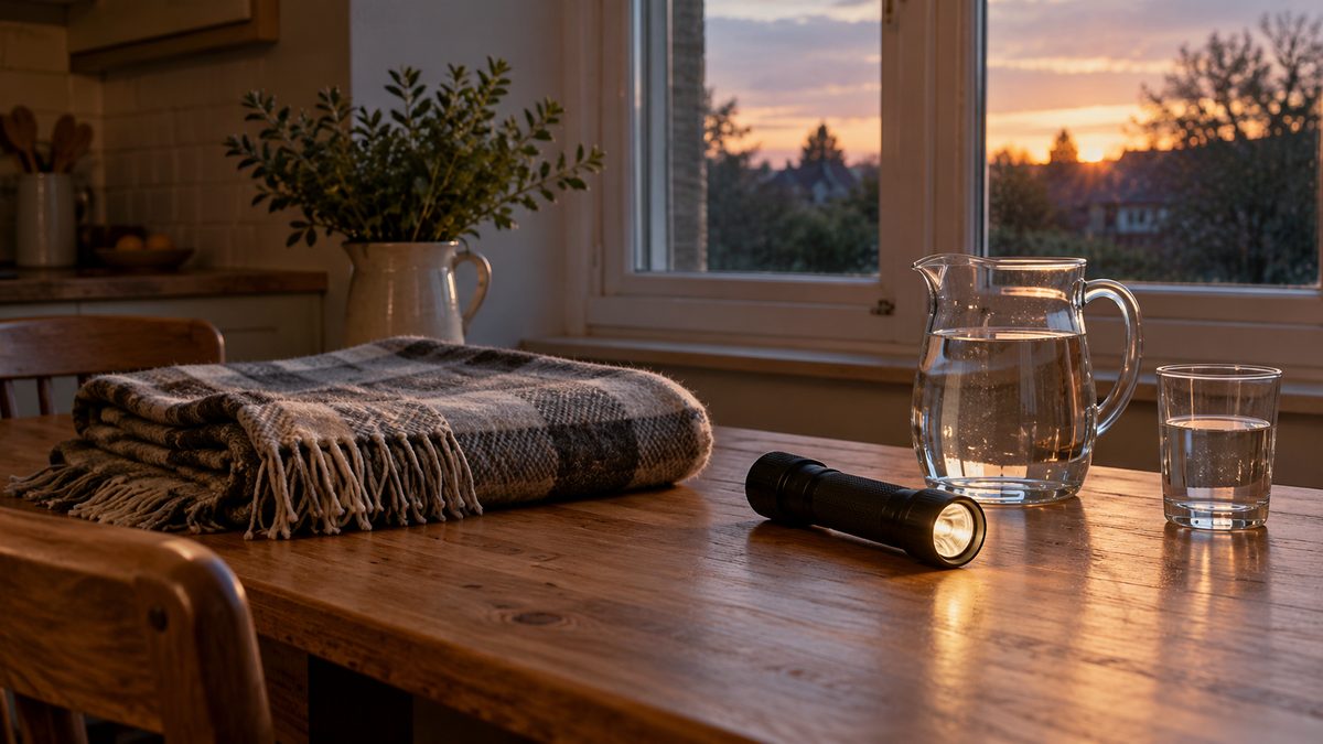 A plain torch, folded blanket and glass jug of water rest on a kitchen table beside a window at dusk.
