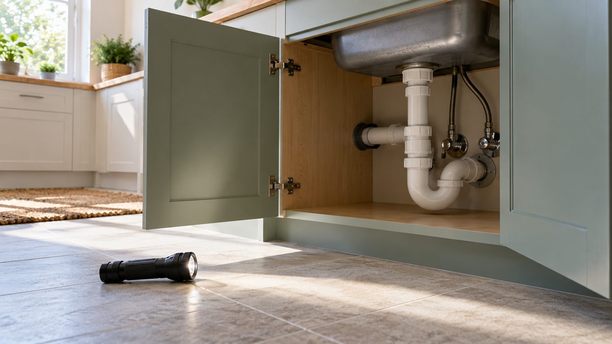 A plain torch rests beside an open under-sink cupboard with exposed pipework in a naturally lit kitchen.