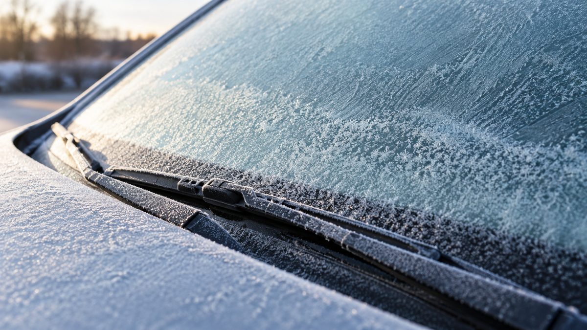 Frost coats a car windscreen above a resting wiper in pale winter morning light.